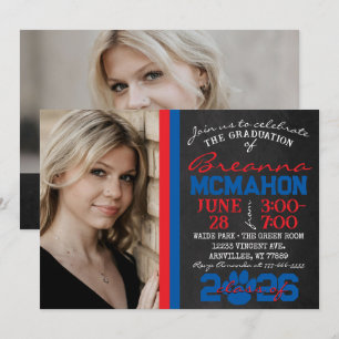 Red & Blue Chalkboard Paw Print Graduation 2 Photo Invitation
