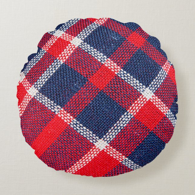 Red-blue chequered woollen texture. round cushion (Front)