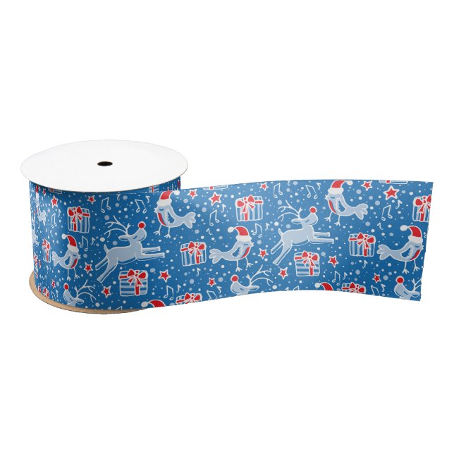 Red blue Christmas reindeer and birds ribbon Satin Ribbon (Spool)