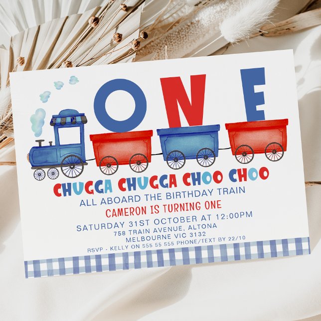 Red Blue Chugga Chugga Train 1st Birthday  Invitation (Blue Red Train 1st Birthday Invitation For Baby Boy, Chugga Chugga Train First Birthday Invitation)