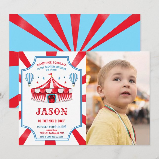 Red & Blue Circus Birthday Photo Invitation (Front/Back)