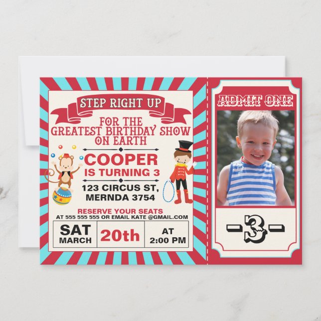 Red Blue Circus Ticket  Photo Birthday Invitation (Front)