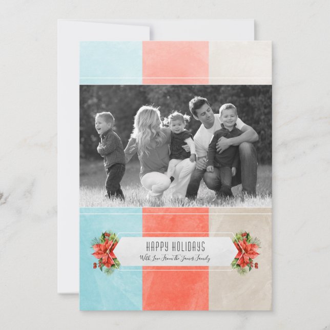 Red Blue Colour Block Holiday Photo Card (Front)