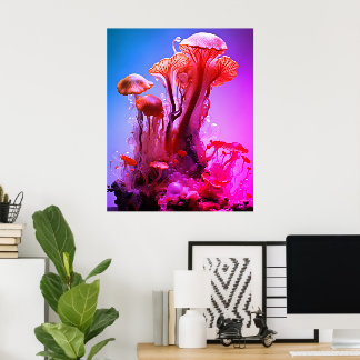 Red + Blue Coloured Translucent Mushrooms On a Wal Poster