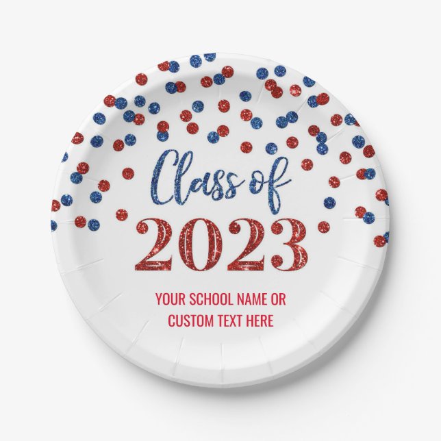 Red Blue Confetti Graduation 2023 Paper Plates (Front)