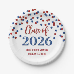 Red Blue Confetti Graduation 2026 Paper Plate