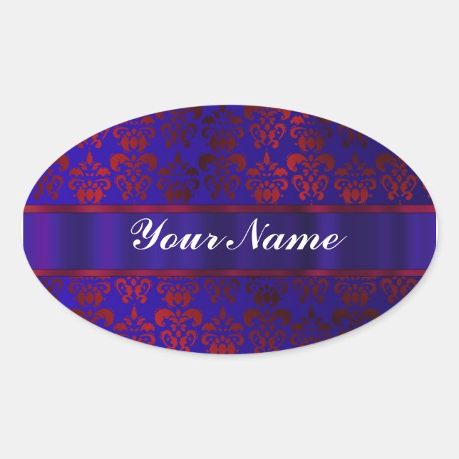 Red & blue damask swirl oval sticker (Front)