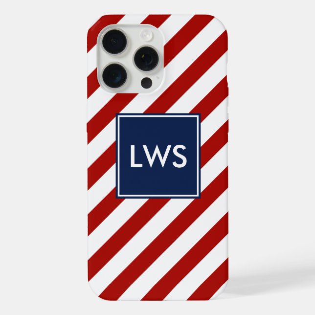 Red Blue Diagonal Stripes Monogram iPhone Case (Back)