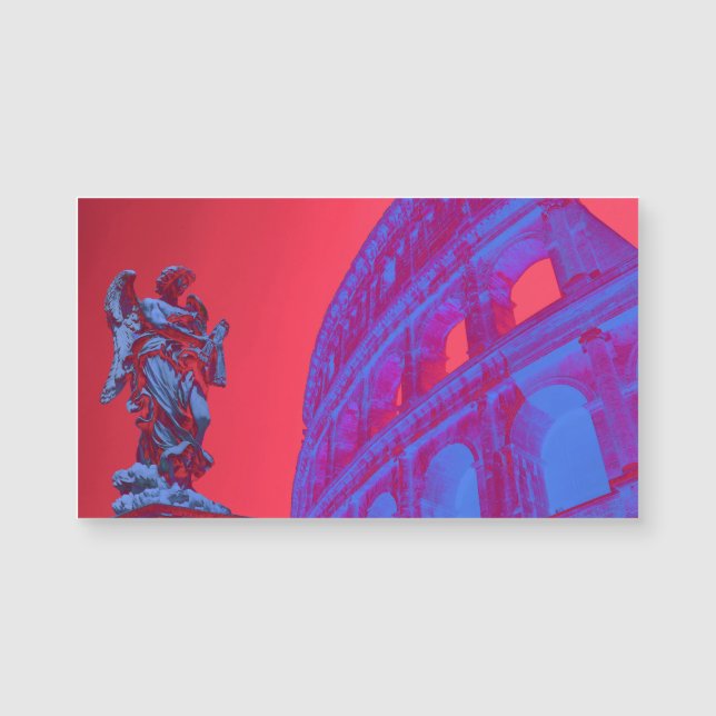 Red, blue digital art of Colosseum and statue (Front)