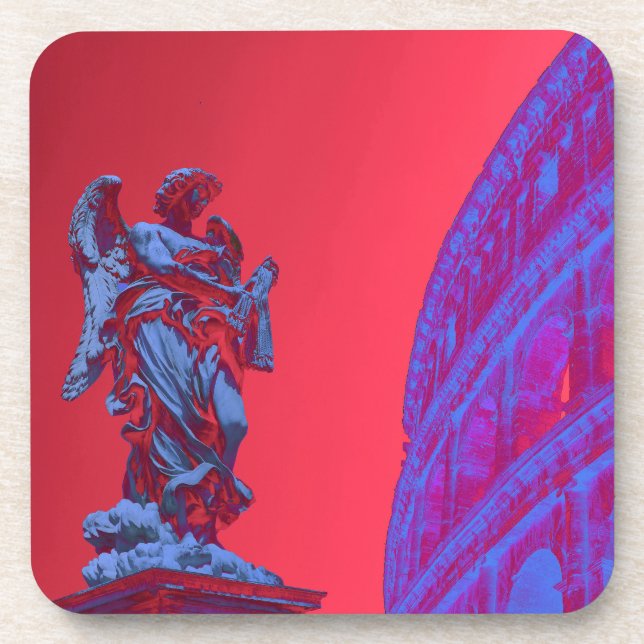 Red, blue digital art of Colosseum and statue Coaster (Front)