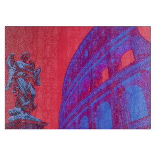 Red, blue digital art of Colosseum and statue Cutting Board