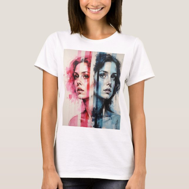 Red & Blue Duality – Twin Portraits in Abstract St T-Shirt (Front)