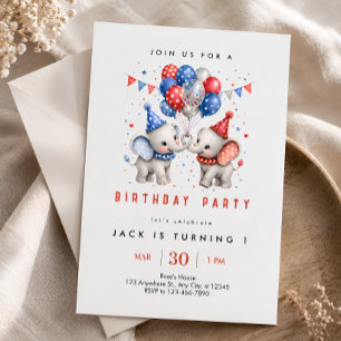 Red Blue Elephant 1st Birthday Invitation