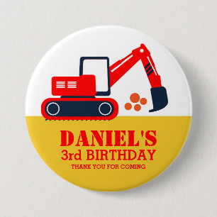 Red Blue Excavator Kids Birthday Party Button