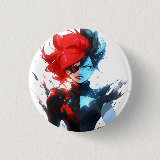 Red Blue Fire Ice Comic Style Anime Girl 3 Cm Round Badge (Front)