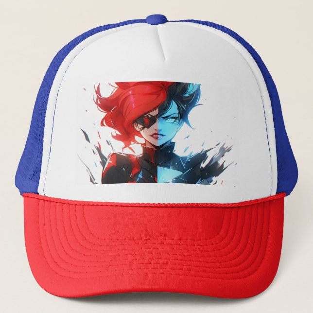 Red Blue Fire Ice Comic Style Anime Girl Trucker Hat (Front)