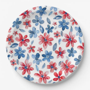 Red Blue Floral 4th of July Plate
