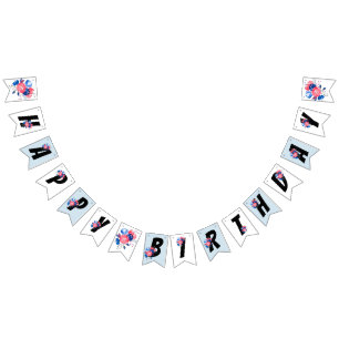 red, blue floral, happy birthday, BUNNING BANNER