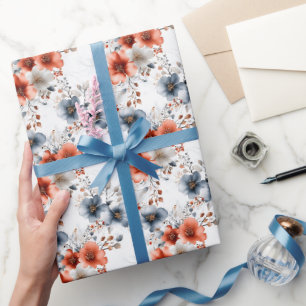 Red & Blue Floral on White Wrapping Paper