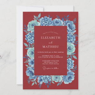 Red Blue Floral Romantic Wedding Invitation