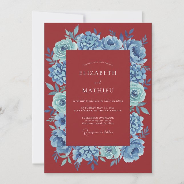 Red Blue Floral Romantic Wedding Invitation (Front)