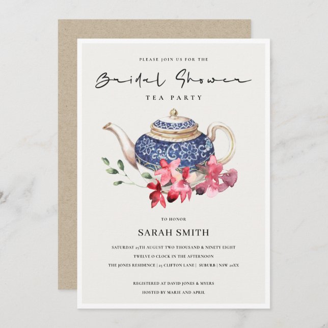 Red Blue Floral Teapot Bridal Shower Party Invite (Front/Back)