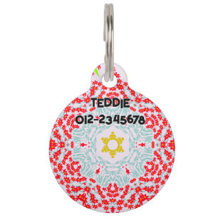 Red Blue Floral with Contact No. Pet Tag