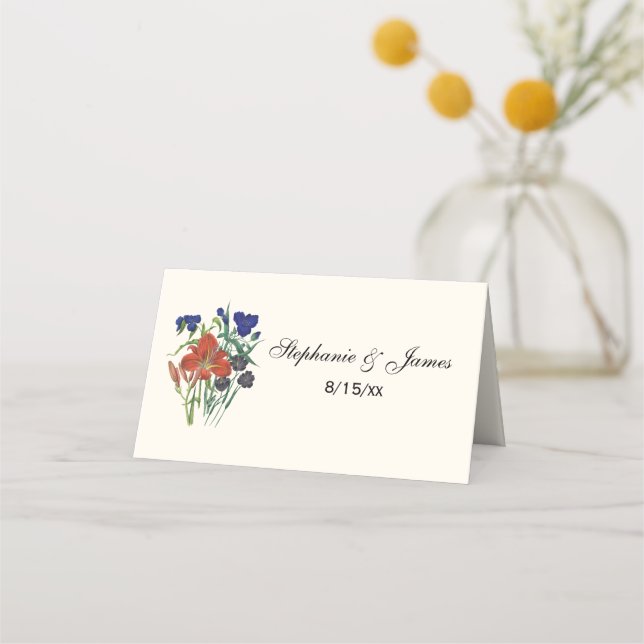 Red Blue Flowers Escort Card Place Card Ivory (Front)