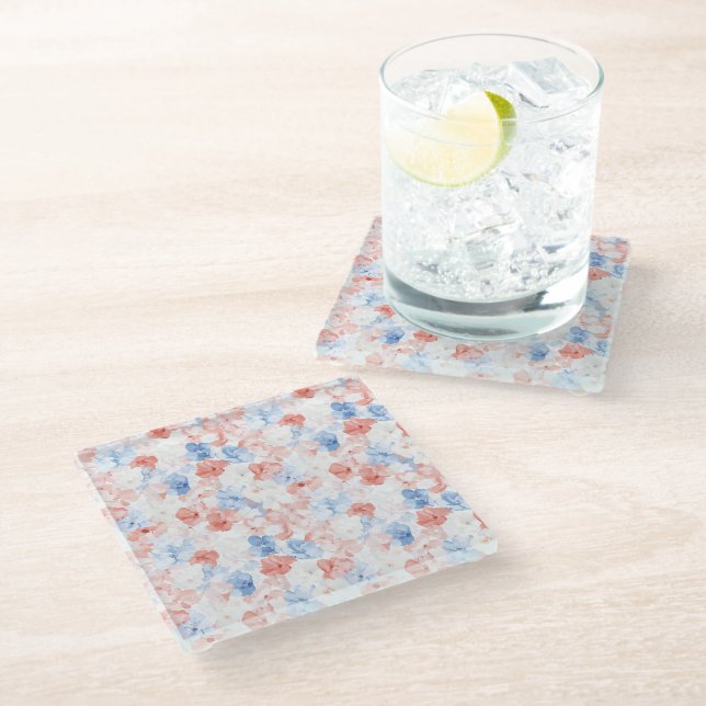 Red Blue Flowers Glass Coaster (Angled)