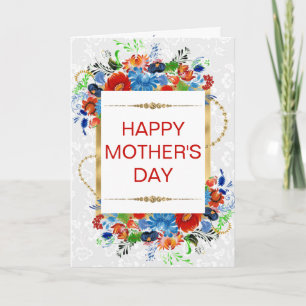 Red Blue Flowers & Gold Glitter Mother's Day Card