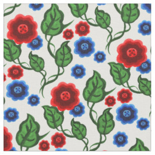 Red/blue flowers/green leaves/Folk floral Fabric