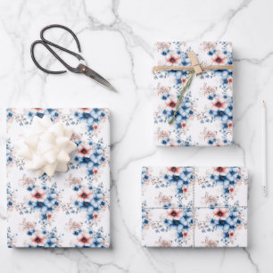 Red & Blue Flowers on White Wrapping Paper Sheet