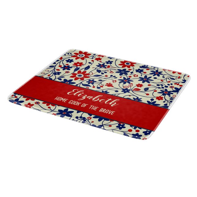 Red Blue Folk Art Kitchenware Cutting Board (Corner)