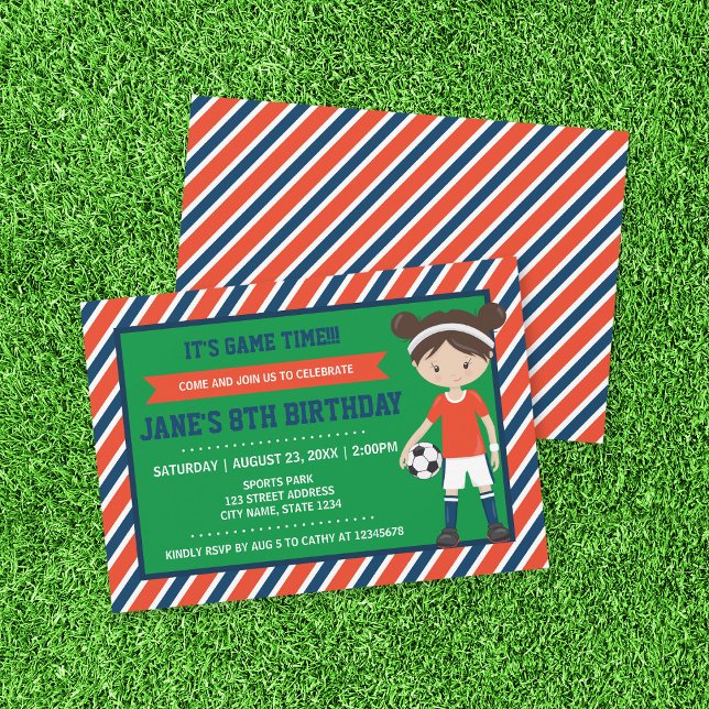 Red Blue Football Girl Soccer Birthday Invitation (Creator Uploaded)