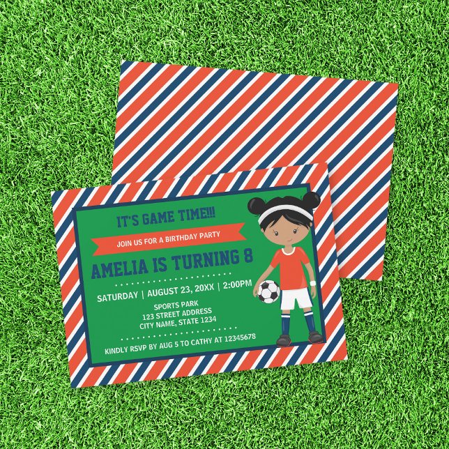 Red Blue Football Soccer Girl Birthday Invitation (Creator Uploaded)