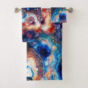 Red Blue Geode Abstract with Cosmic Swirls Bath Towel Set