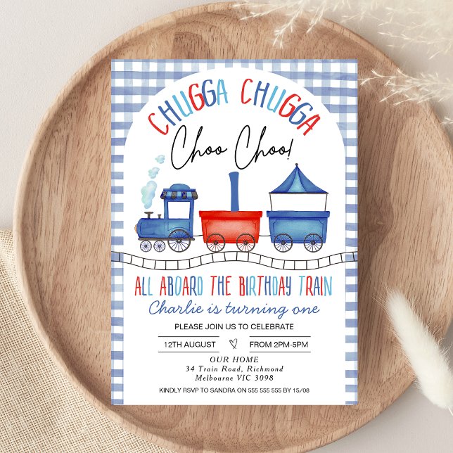Red Blue Gingham Chugga Chugga Train 1st Birthday Invitation (Boys Train 1st Birthday Invitation, Blue Red Train First Birthday Invitation, Chugga Chugga Train)