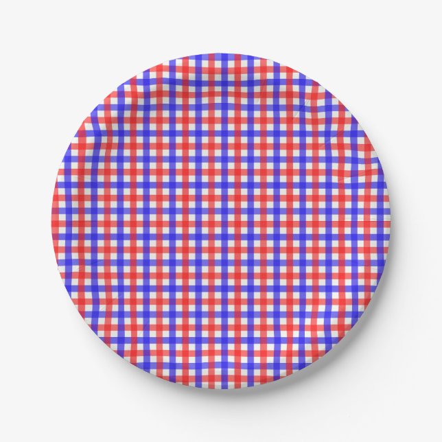 Red Blue Gingham Plaid Pattern Paper Plate (Front)