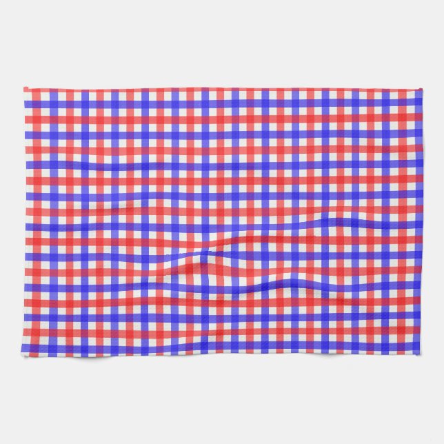 Red Blue Gingham Plaid Pattern Tea Towel (Horizontal)