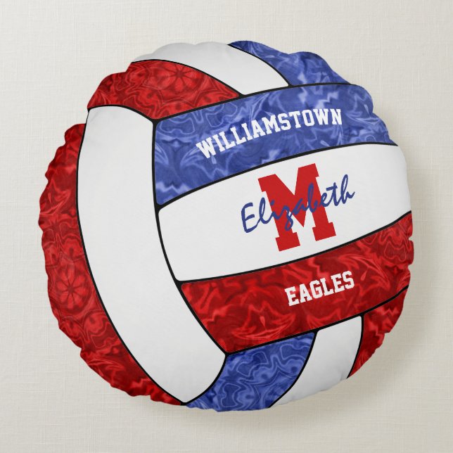 Red blue girls volleyball room decor  round cushion (Front)