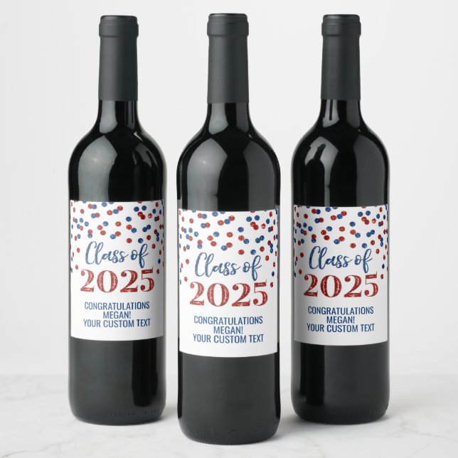 Red Blue Glitter Class of 2025 Graduation Wine Label (Bottles)