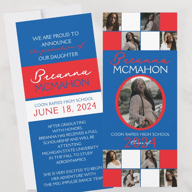 Red & Blue Gold 9 Photo Graduation Announcement (Red and Blue 9 Photo Elegant Formal Graduation Announcements)
