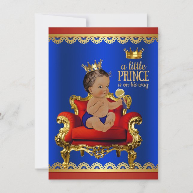 Red Blue Gold Chair Ethnic Prince Boy Baby Shower Invitation (Front)