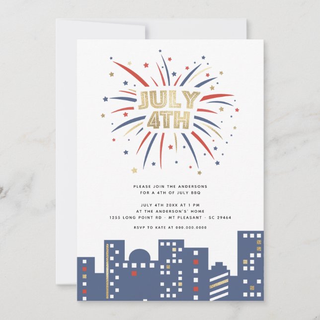 Red Blue & Gold Fireworks 4th of July Party Modern Invitation (Front)