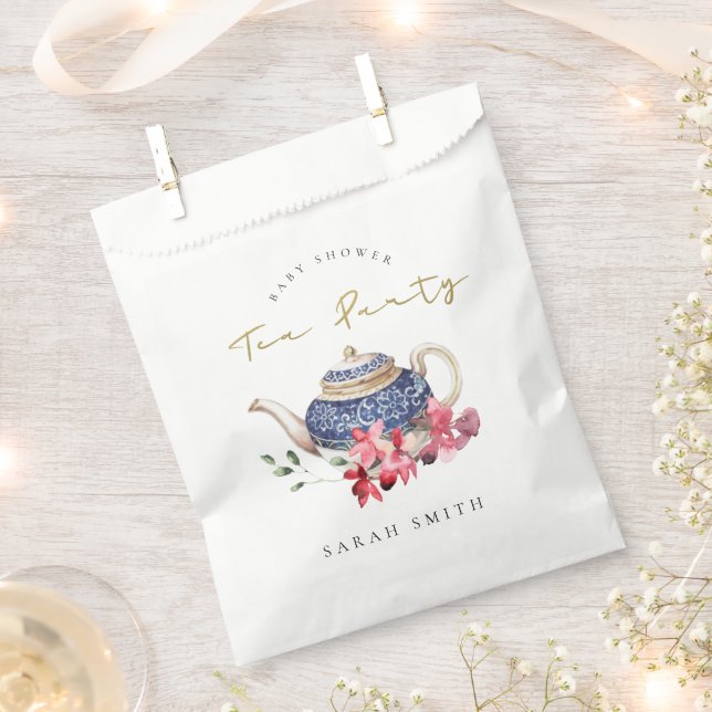 Red Blue Gold Floral Teapot Baby Shower Tea Party Favour Bags (Clipped)