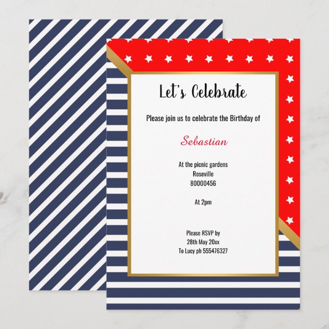 RED BLUE GOLD STARS & STRIPES BIRTHDAY INVITATION (Front/Back)