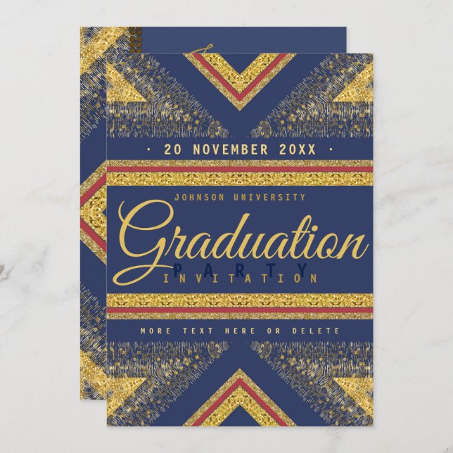 Red Blue & Gold Stylish Graduation Party Invite (Front/Back)