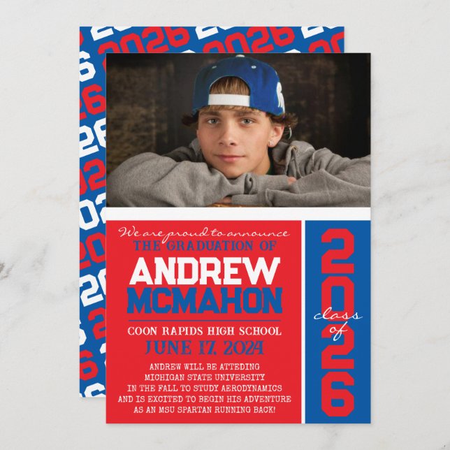 Red & Blue Graduation Photo Announcement (Front/Back)