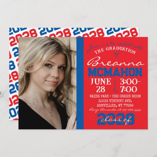 Red & Blue Graduation Photo Invitation (Front/Back)