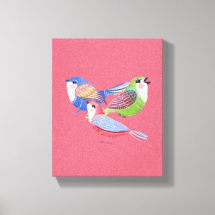Red Blue Green Birds Folk Art Canvas Print